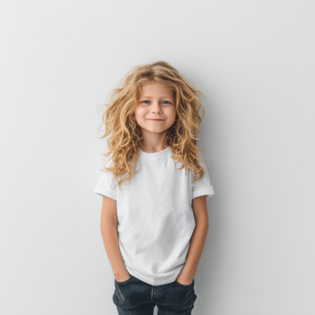 A charming child with beautiful curly hair smiles brightly while wearing a plain white t-shirt, set against a simple light background. This portrait captures innocence and joy, making it ideal for projects focused on childhood, happiness, and everyday moments.の素材
