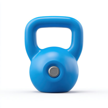 A vibrant blue kettlebell, designed for weight training and fitness enthusiasts, isolated on a pristine white background. Perfect for workouts.の素材