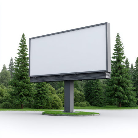A blank billboard stands prominently in a serene natural environment, surrounded by lush green trees, representing a canvas for future advertising.の素材