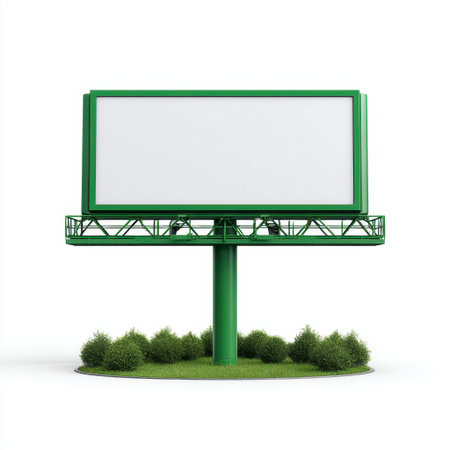 A vibrant green outdoor billboard standing tall in an urban landscape, featuring a blank space ready for advertising opportunities and promotions.の素材