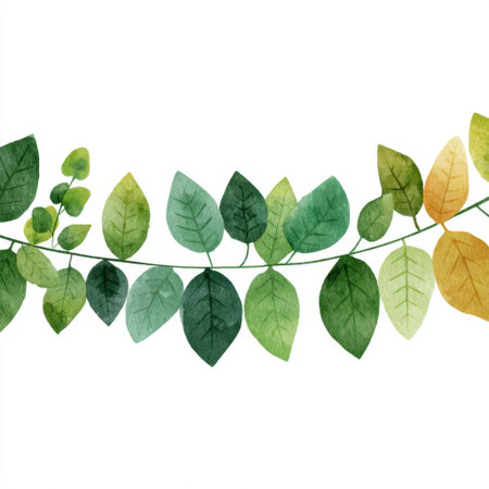 A beautiful watercolor illustration featuring a variety of leaves in vibrant shades of green and hints of yellow. Perfect for nature-themed designs.の素材