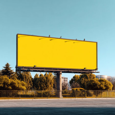 An empty billboard in an urban environment, framed by lush green trees and under a clear blue sky, presents a perfect canvas for advertising and promotions.の素材