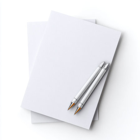 A clean and minimal workspace featuring a stack of blank white paper and two elegant pens. Ideal for business, creativity, or note-taking purposes.の素材