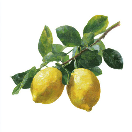 Two ripe yellow lemons hang from a green branch, surrounded by lush foliage, ideal for healthy culinary creations and vibrant design projects.の素材
