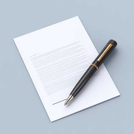 A sleek black pen rests on a blank sheet of white paper, beautifully presented against a soft blue background, perfect for creative or professional projects.の素材