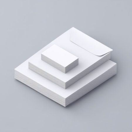 A clean, minimalist arrangement of various white stationery items including a notepad, business card, and envelope on a soft gray background, perfect for branding and design use.の素材