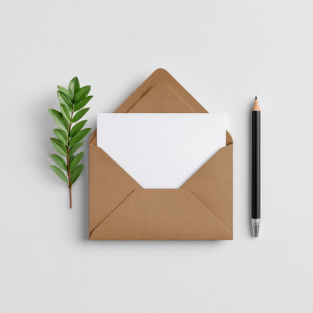 This image features an elegant brown envelope with a blank white paper inside, paired with a sleek pencil and a fresh green leaf, capturing minimalistic beauty.の素材