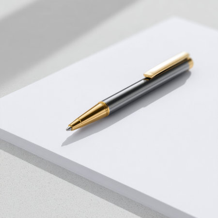 This image features a sleek pen positioned on a blank sheet of white paper, showcasing a minimalist and elegant design perfect for creative endeavors.の素材