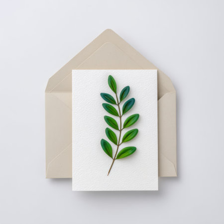 A beautiful green leaf rests on a textured paper card placed inside a cream-colored envelope, creating a serene and elegant nature-inspired composition.の素材