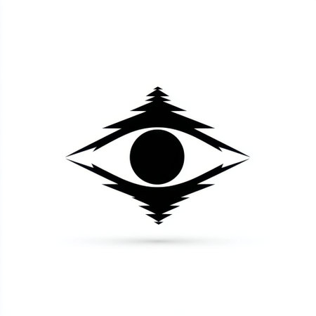 An abstract black eye symbol set against a clean white background, featuring geometric shapes and sharp edges that evoke a sense of vision and creativity.の素材