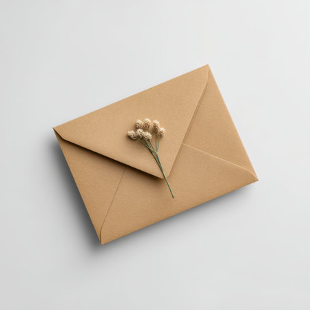 Discover an elegant brown envelope adorned with a delicate flower, set against a soft light background. Perfect for creative designs, invitations, or personal messages.の素材