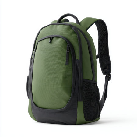 This modern green backpack combines style and practicality, making it suitable for school, travel, and outdoor activities. Its sleek design offers comfort and durability.の素材