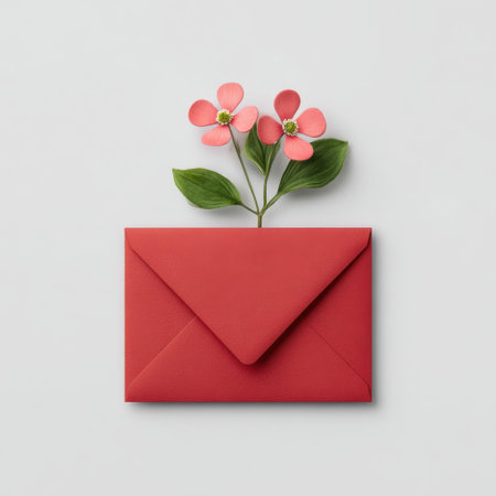 A vibrant red envelope contains delicate pink flowers and green leaves, creating a charming visual perfect for greeting cards or invitations.の素材