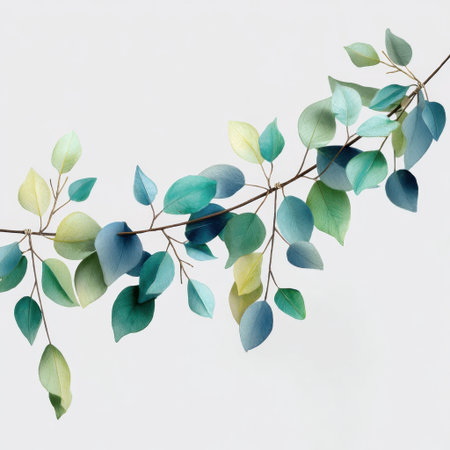 A delicate arrangement of green and blue leaves featuring gentle curves and vibrant textures, perfect for nature-inspired design and decor.の素材