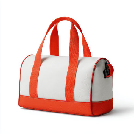 An eye-catching sport bag designed with bright orange accents, perfect for travel or gym activities, blending style and functionality seamlessly.の素材