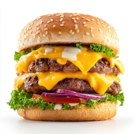 A mouthwatering triple cheeseburger showcasing layers of juicy beef patties, melted cheese, and fresh vegetables, perfect for any food lover.の素材