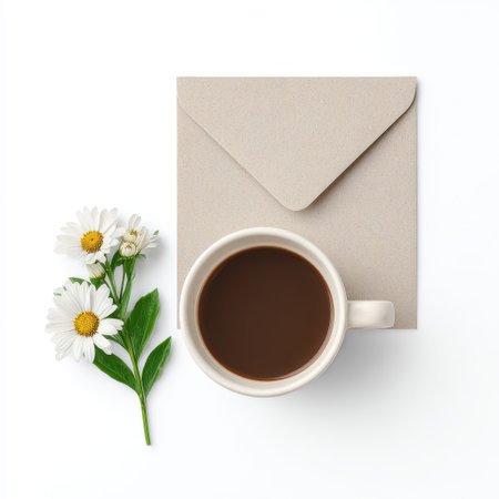 A serene arrangement featuring a brown coffee cup, a brown envelope, and fresh daisies. Perfect for capturing cozy moments, relaxation, and inspiration.の素材