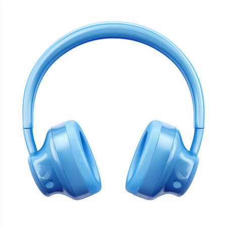 A bright blue pair of over-ear headphones stands out against a clean white background, symbolizing modern technology and a vibrant audio experience.の素材