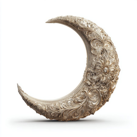 This ornate moon sculpture features intricate patterns and elegant design, perfect for artistic home decor or as a stunning centerpiece.の素材