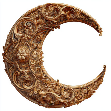 This stunning ornate crescent moon sculpture showcases exquisite craftsmanship with intricate floral patterns and a beautiful golden finish, perfect for decor.の素材
