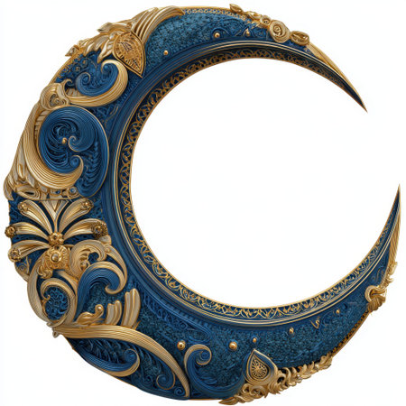 Intricate design of a blue and gold crescent moon showcases elegant details, making it perfect for art, decor, and creative projects. Ideal for conveying a celestial theme.の素材