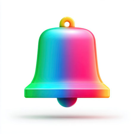 This image features a colorful gradient bell icon designed with vibrant hues, perfect for digital applications and notifications. Its modern aesthetic and playful charm make it ideal for messaging, alerts, and creative projects.の素材