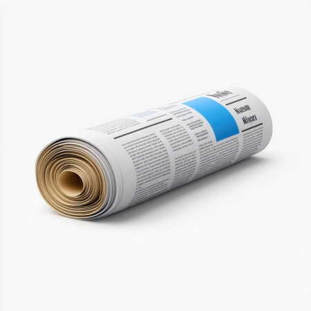 A rolled newspaper featuring black and white articles with a blue accent, ideal for media-related projects and modern journalism themes. Perfect for visuals that convey newsworthiness.の素材