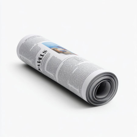 A rolled-up newspaper showcasing various headlines and articles, representing the traditional media format for delivering news and information.の素材