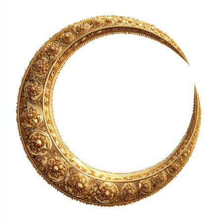 This captivating ornate golden crescent moon design showcases intricate floral patterns, merging elegance with artistic expression for versatile use in creative projects.の素材