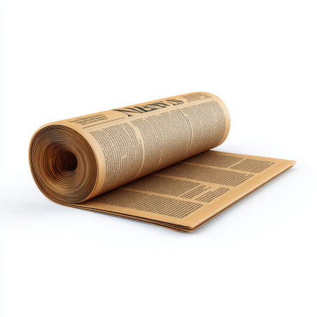 This image features a vintage rolled newspaper resting on a white background, perfect for themes related to history, journalism, literature, and communication.の素材