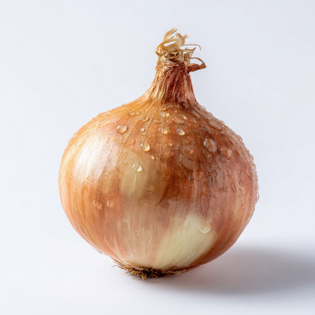 This image features a freshly washed onion with glistening water droplets, highlighting its natural beauty and vibrant color against a clean white background.の素材