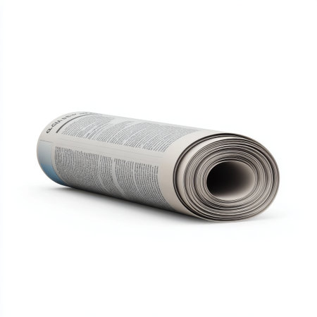 A rolled-up newspaper rests on a clean white surface, showcasing printed text and the smooth curve of the paper. Ideal for illustrating reading, media, or journalism concepts.の素材