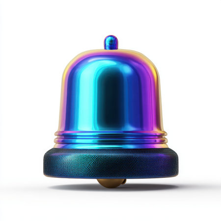 A colorful metallic bell featuring a shiny surface and unique reflection effects, ideal for artistic presentations and modern design projects.の素材