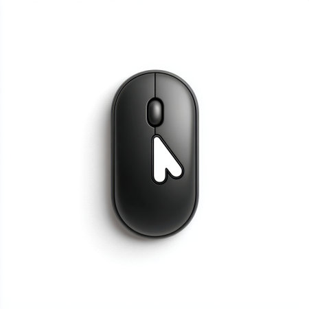 A sleek black computer mouse featuring a striking white cursor icon, perfect for modern office settings or tech-themed projects and designs.の素材