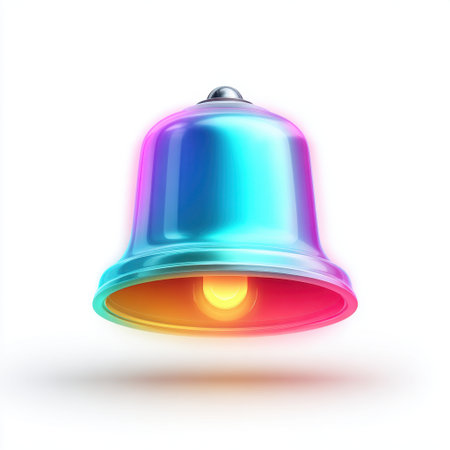 This image features a colorful and shiny bell emitting a vibrant glow, set against a plain white background. Perfect for visual projects.の素材
