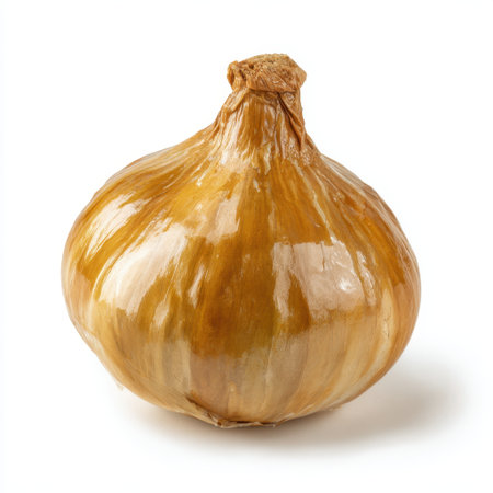 This image features a fresh golden onion, showcasing its smooth, shiny skin and round shape. Ideal for various culinary applications, this onion serves as a versatile ingredient in countless dishes and recipes.の素材