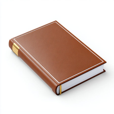 This image features a stylish brown leather bound book with a gold accent and white pages, perfect for showcasing elegance in design and creativity.の素材
