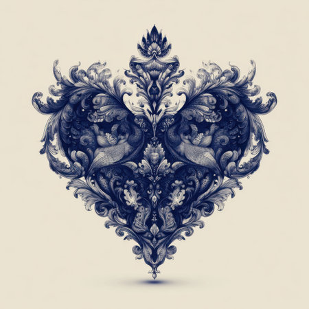 This stunning ornate heart-shaped design features intricate birds and floral patterns, beautifully rendered in deep blue and cream tones, ideal for artistic projects.の素材