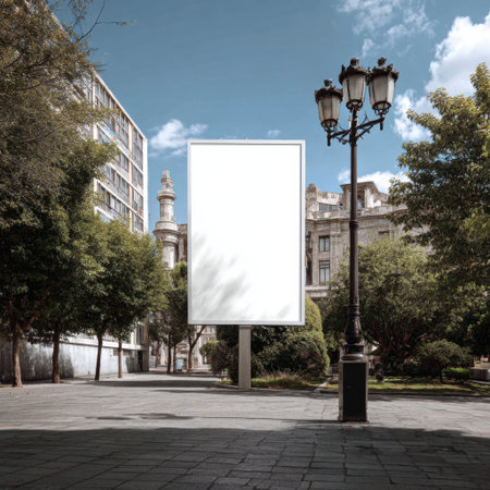 A vacant advertisement board stands prominently in a modern urban park. Surrounded by lush greenery and contemporary buildings, the scene offers a pristine backdrop for potential marketing messages.の素材