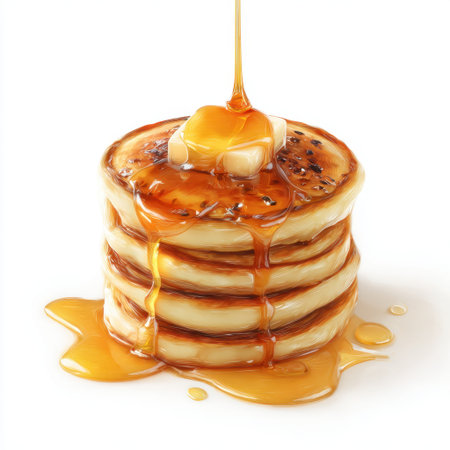 A mouthwatering stack of fluffy pancakes drenched in rich golden syrup, topped with a creamy pat of butter. Perfect for breakfast or dessert!の素材