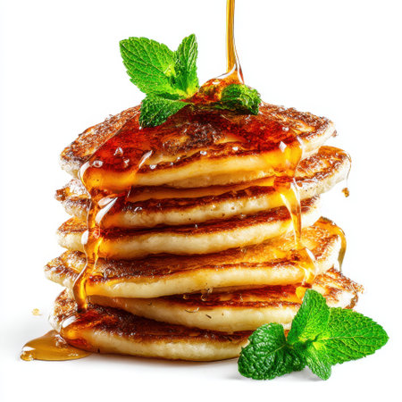 A visually appealing stack of mouthwatering pancakes drizzled with rich syrup and adorned with fresh mint leaves, perfect for breakfast or dessert.の素材