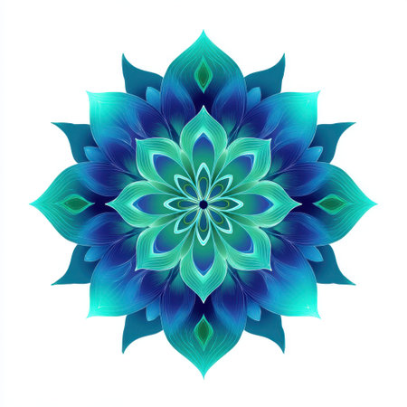 This vibrant mandala design features rich blue and green gradients, perfect for artistic backgrounds or spiritual themes. It embodies tranquility and balance.の素材