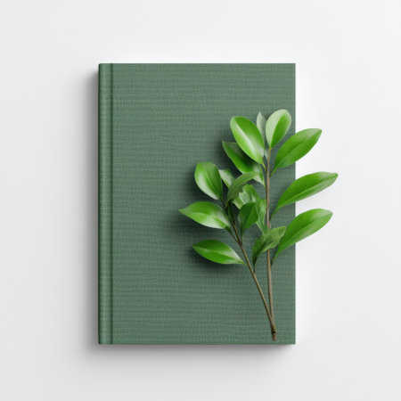 A minimalist green book placed on a clean white background, accompanied by a fresh green plant, perfect for themes like wellness and creativity.の素材