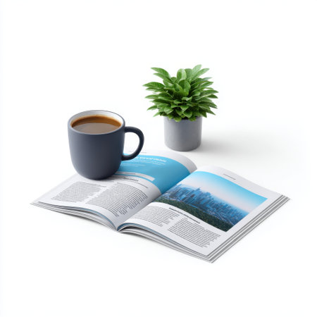 A serene setup featuring a cozy coffee cup beside an open magazine adorned with a view, complemented by a small potted plant, perfect for inspiring relaxation.の素材