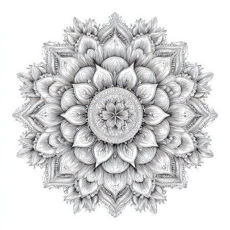 A beautiful black and white mandala featuring intricate floral designs and detailed petals, perfect for inspiring creativity and relaxation in various applications.の素材