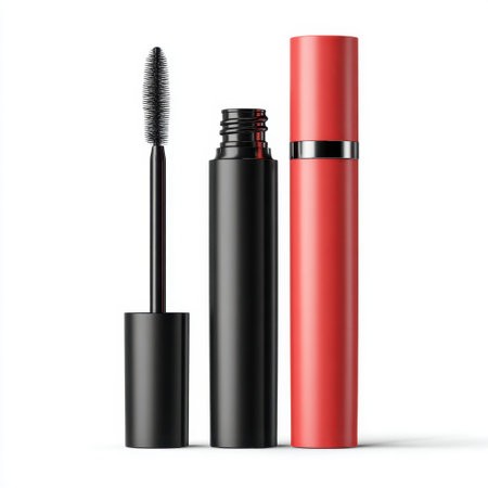 This image features a close-up view of a mascara tube and wand, showcasing beauty tools in sleek black and vibrant red designs, perfect for cosmetic marketing.の素材