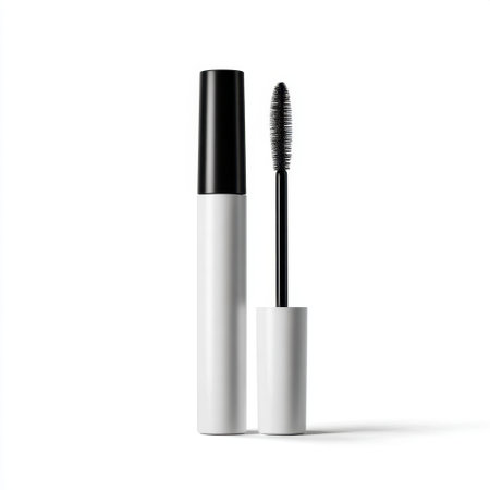 This image features a sleek mascara tube with a black applicator wand against a pristine white background, perfect for showcasing beauty products in advertising.の素材
