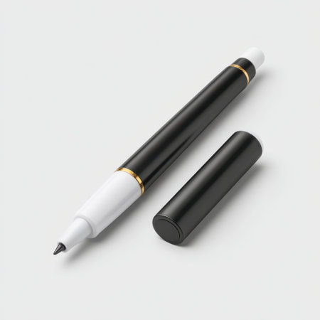 An elegant black and white fountain pen with a gold accent, showcasing a minimalist design. Ideal for branding, writing, and creativity-related projects.の素材