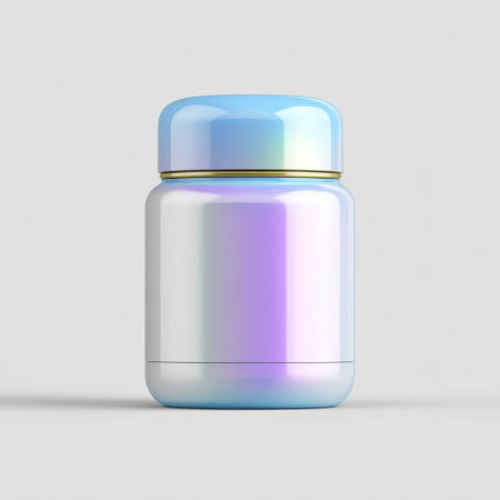 This image features a glossy iridescent container with a blue lid, ideal for food or drink storage. The modern design suits various kitchen styles.の素材