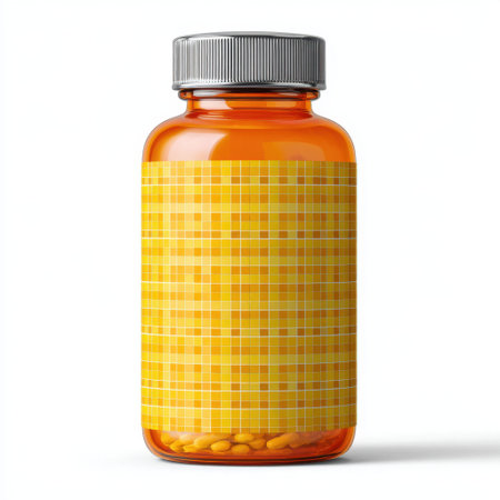 A vibrant orange pill bottle with a yellow geometric patterned label, showcasing modern design elements and ideal for health and wellness product presentations.の素材
